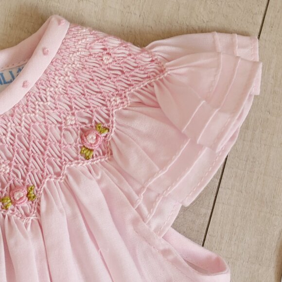 Smocked Pink Heirloom Romper Boutique Pin Tucks Bullion Embroidery NWT - Picture 4 of 5